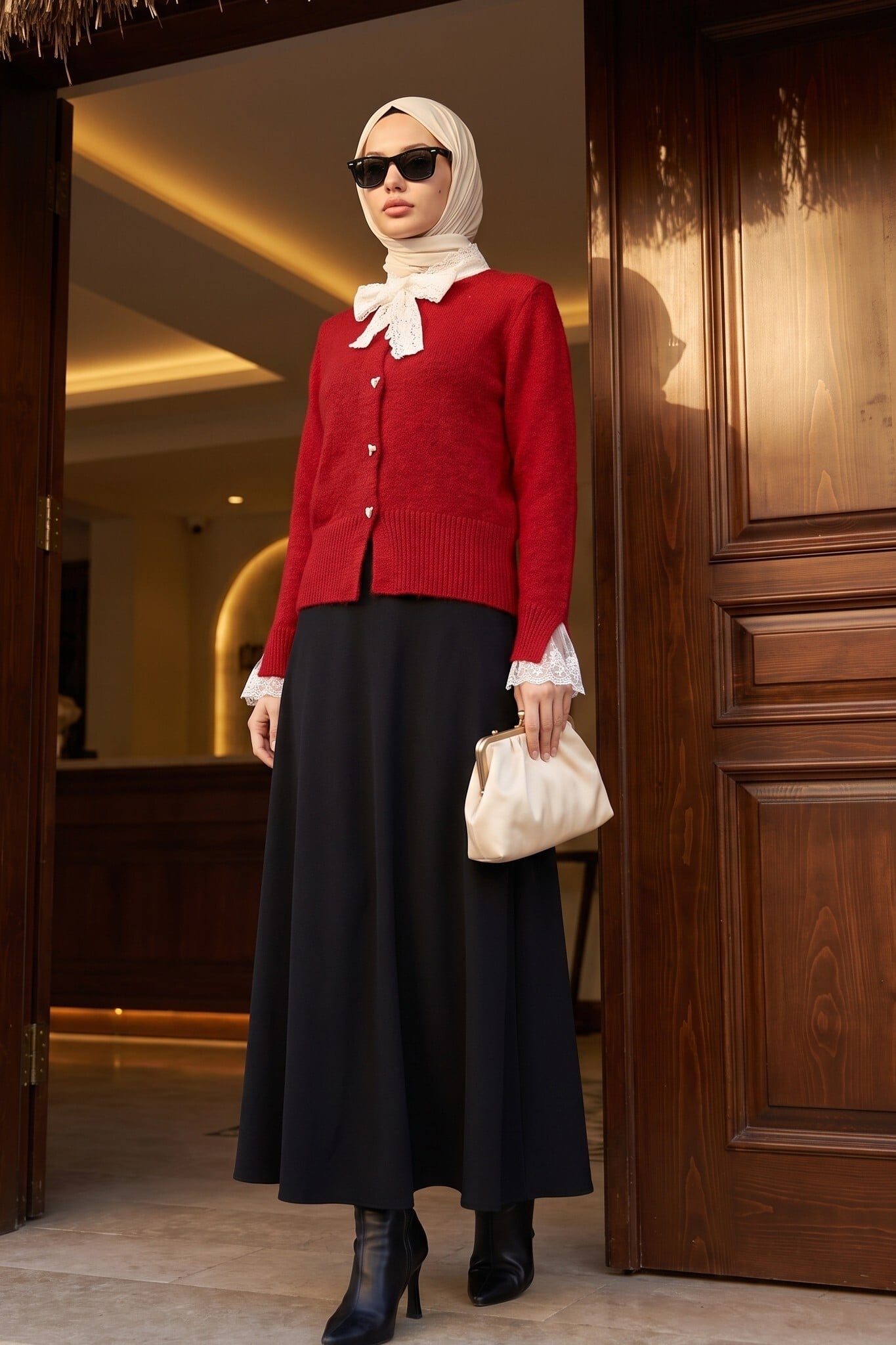 Red Knit Cardigan with Scarf Collar and Lace Details - Podyumplus - by Peralane - photo 7