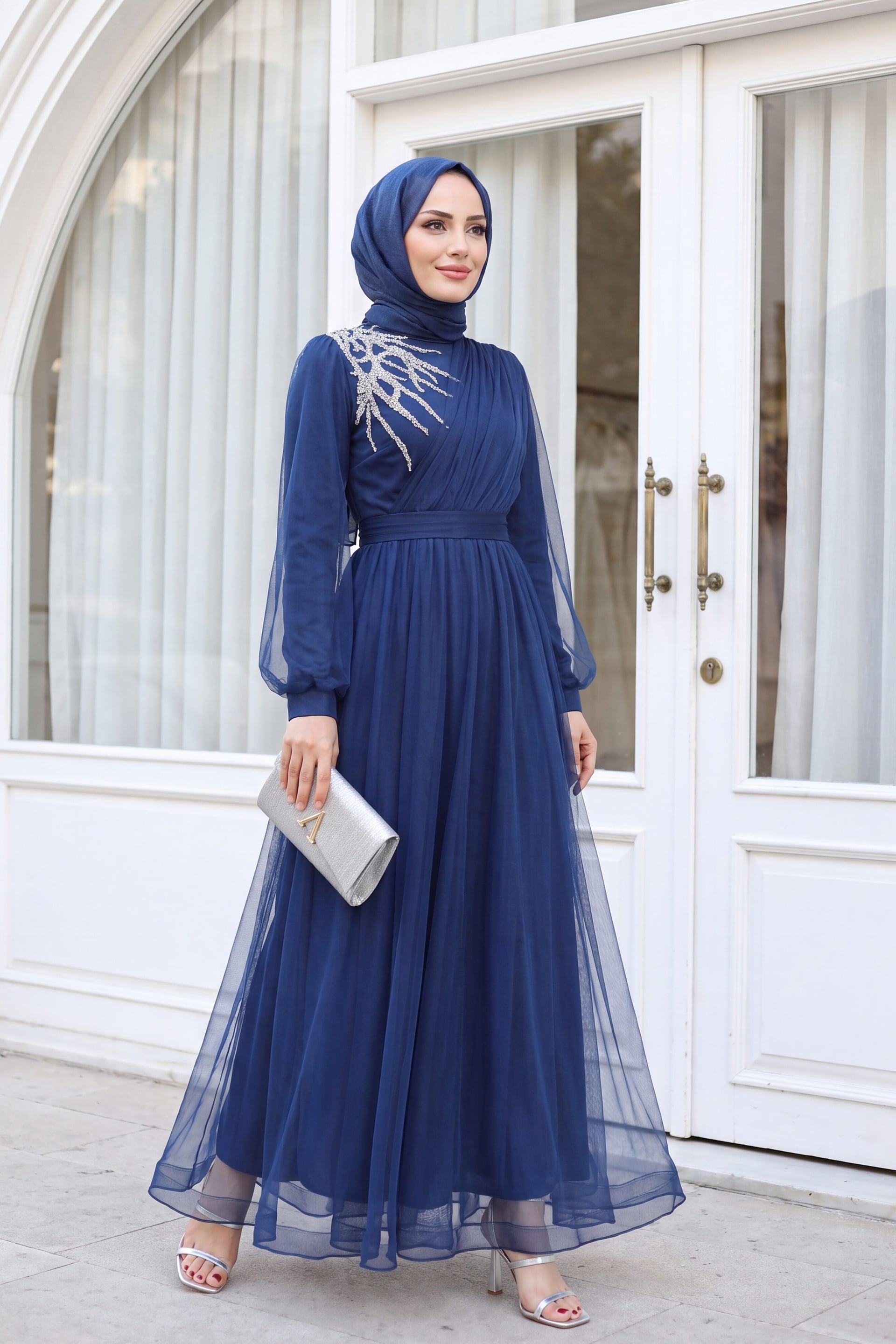 Navy Blue Stone Detailed Draped Belted Tulle Evening Dress - Podyumplus - by Peralane