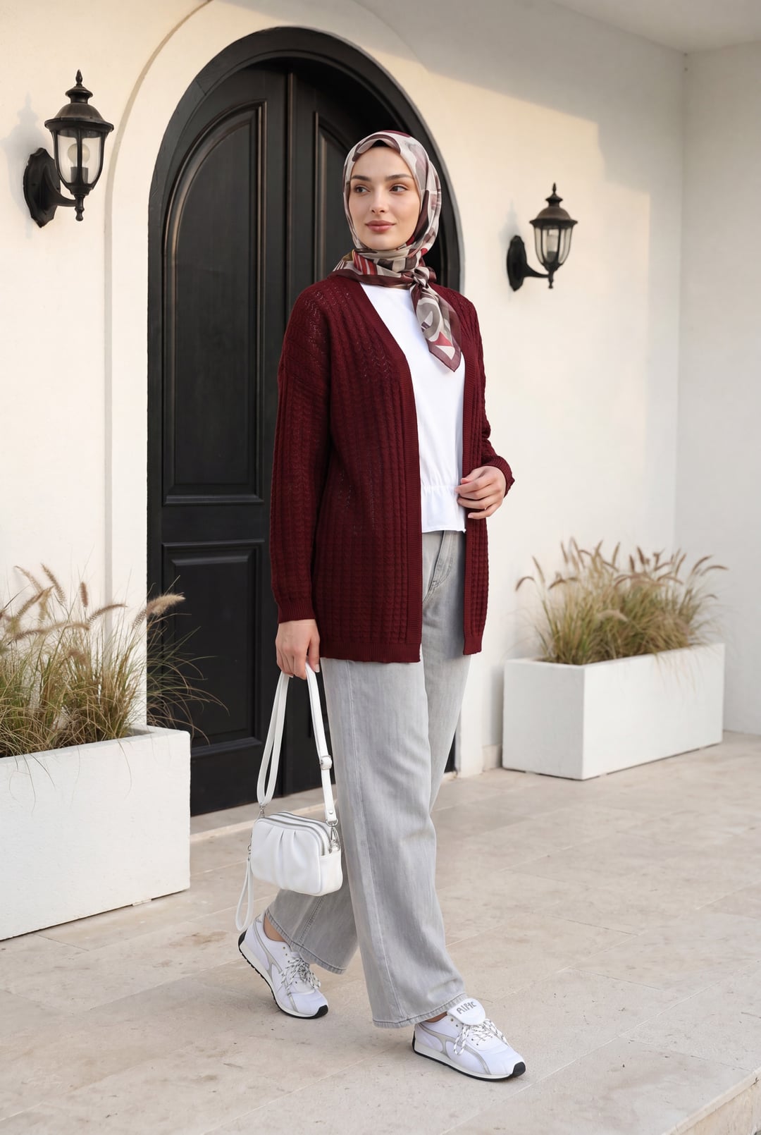 Burgundy Openwork Knit Cardigan - Podyumplus - by Peralane - photo 3