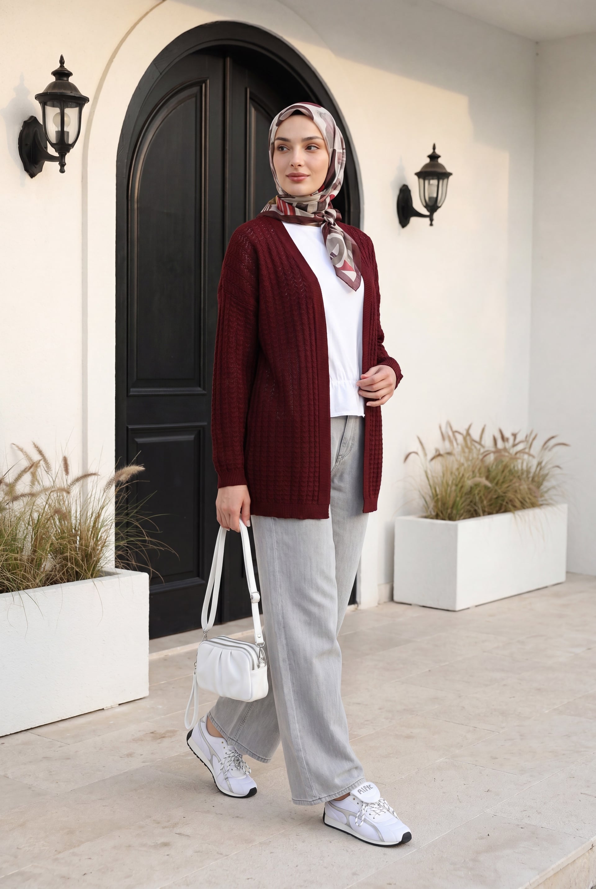 Burgundy Openwork Knit Cardigan - Podyumplus - by Peralane - photo 3