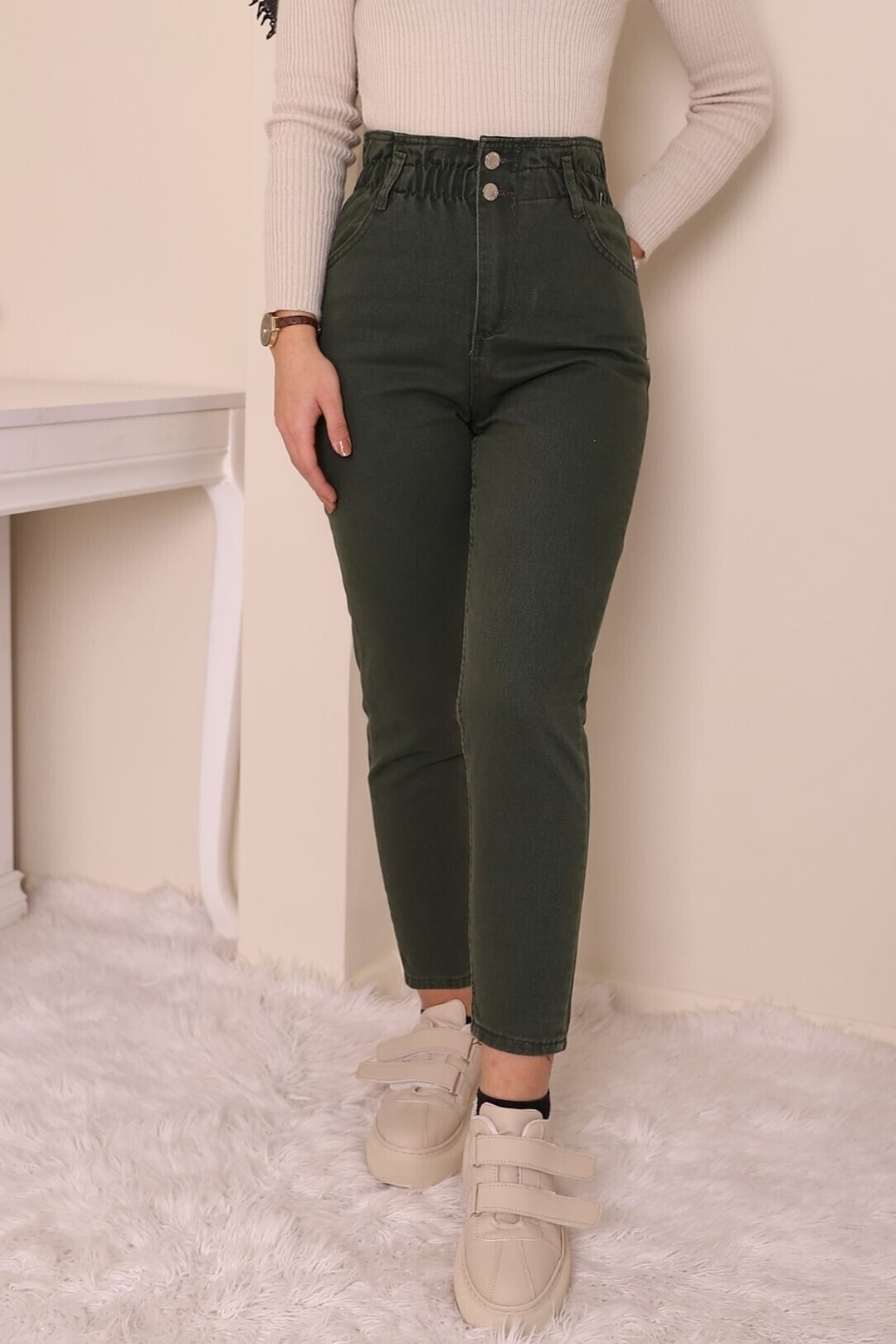 High-Rise Elasticated Waist Jeans - Khaki - Podyumplus - by Peralane - photo 3