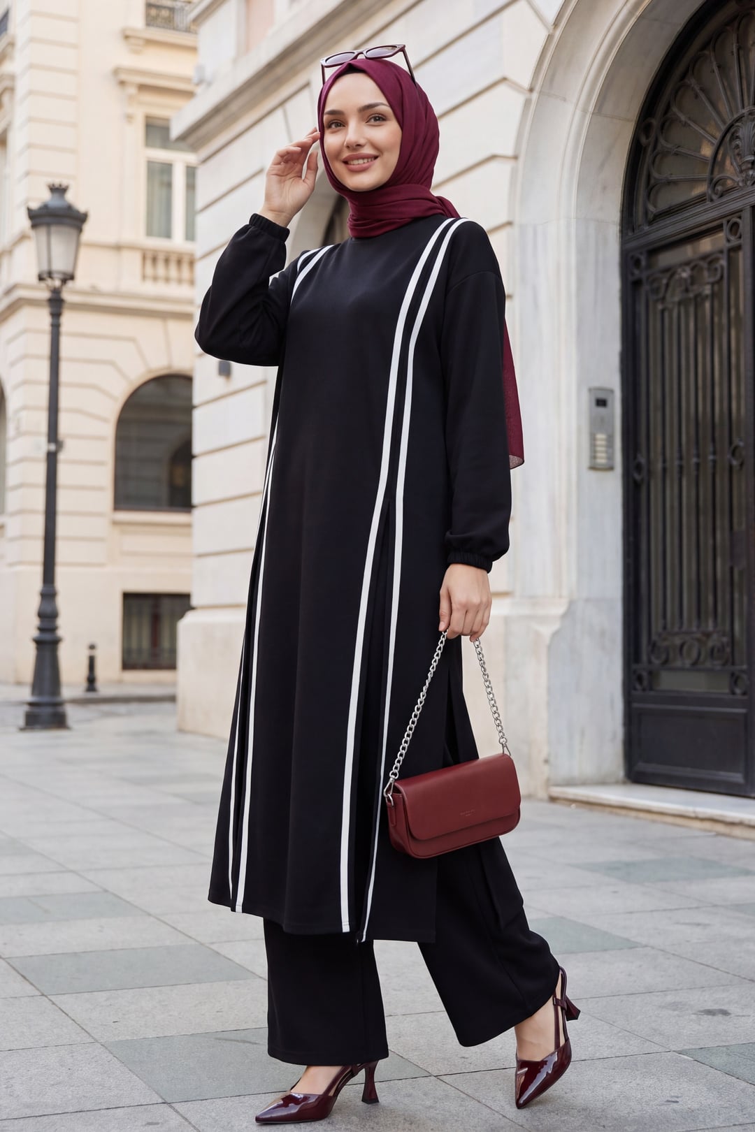 Striped Front-Slit Tunic and Pants Set - Black - Podyumplus - by Peralane - photo 2