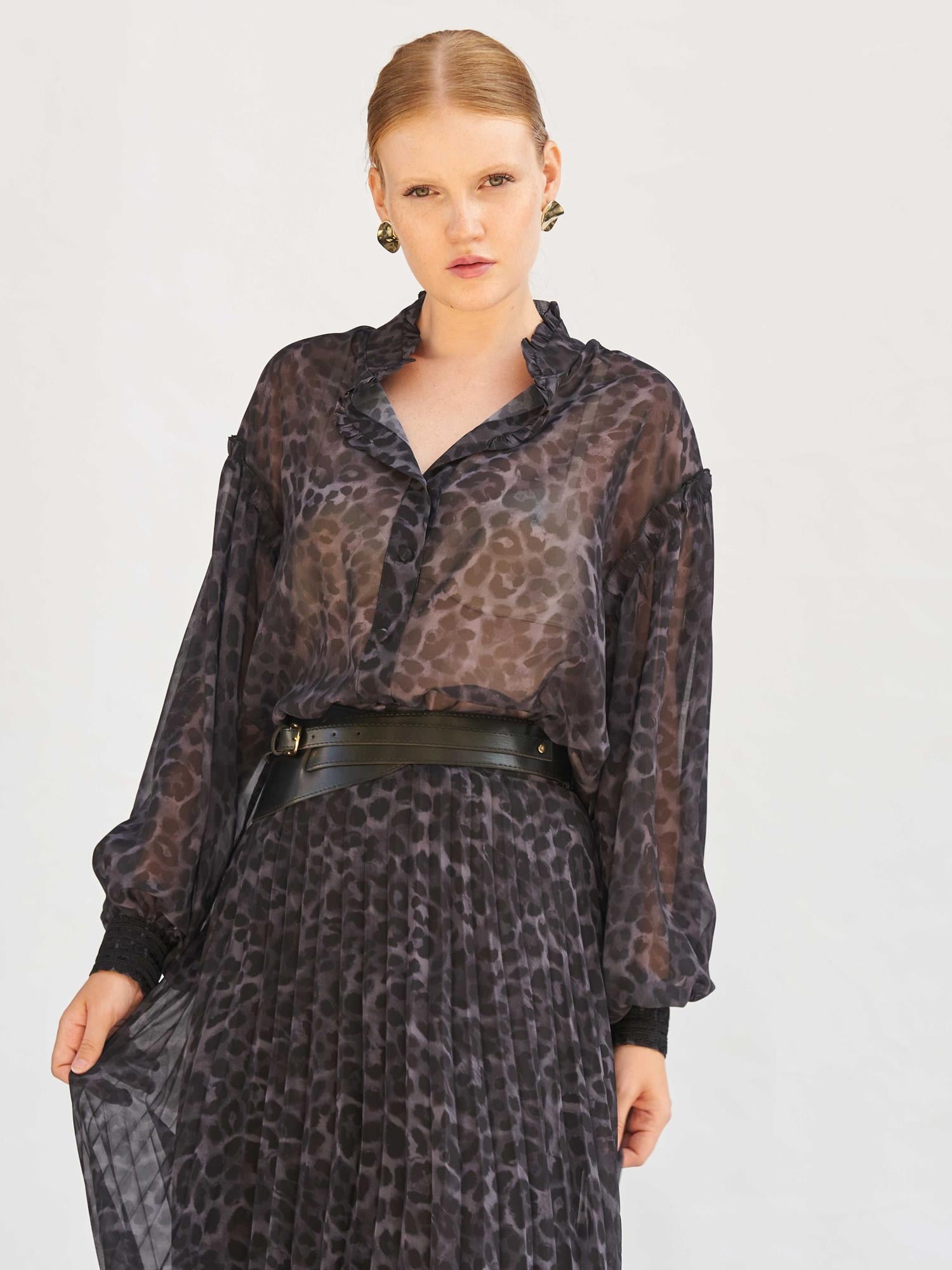 Leopard Print Sheer Blouse with Ruffled Collar - Lefon - by Peralane