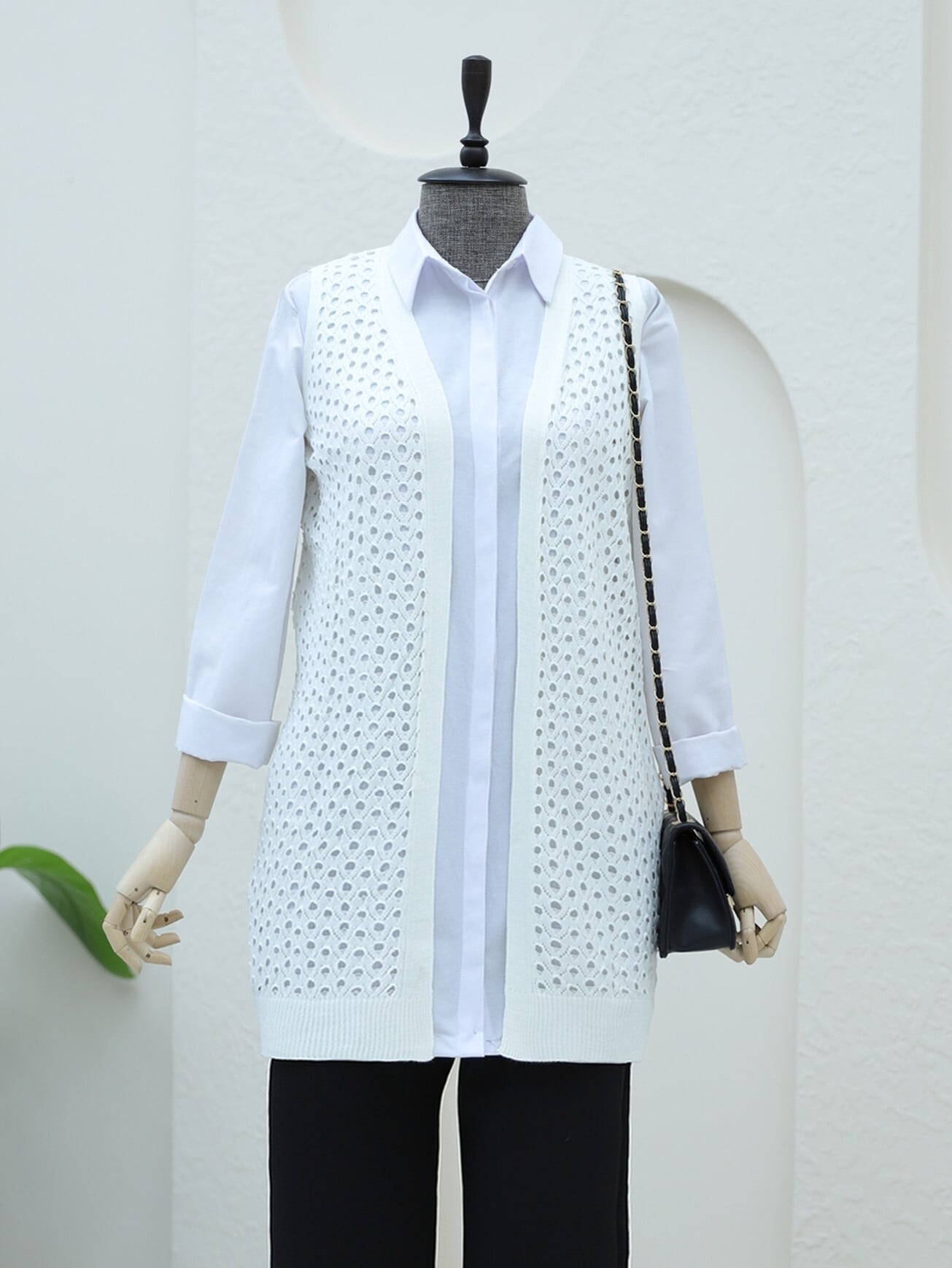 Ecru Open-Knit Sleeveless Cardigan Vest - Podyumplus - by Peralane
