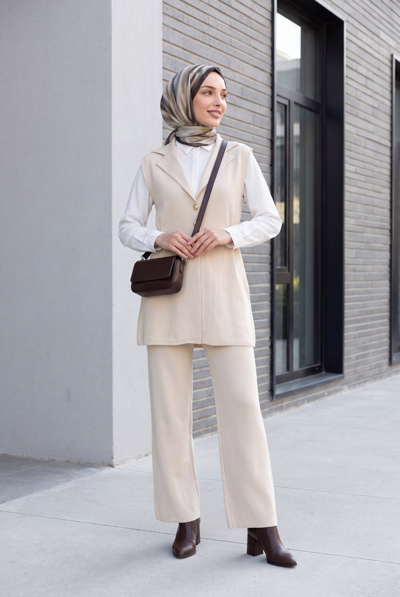 Buttoned V-Neck Vest and Trousers Knit Co-ord Set - Cream - Podyumplus - by Peralane