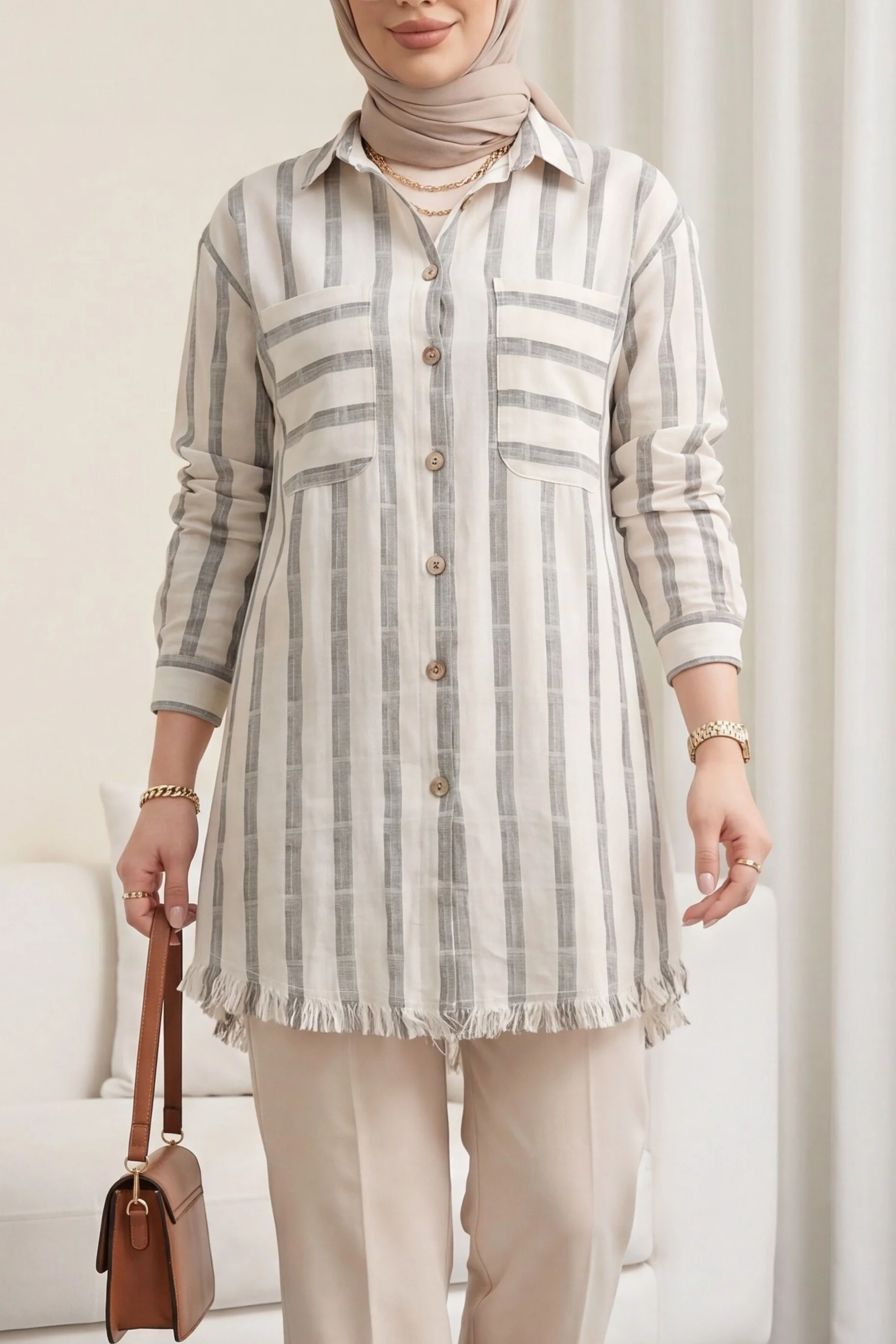 Tassel Hem Shirt - Beige - Podyumplus - by Peralane - photo 3