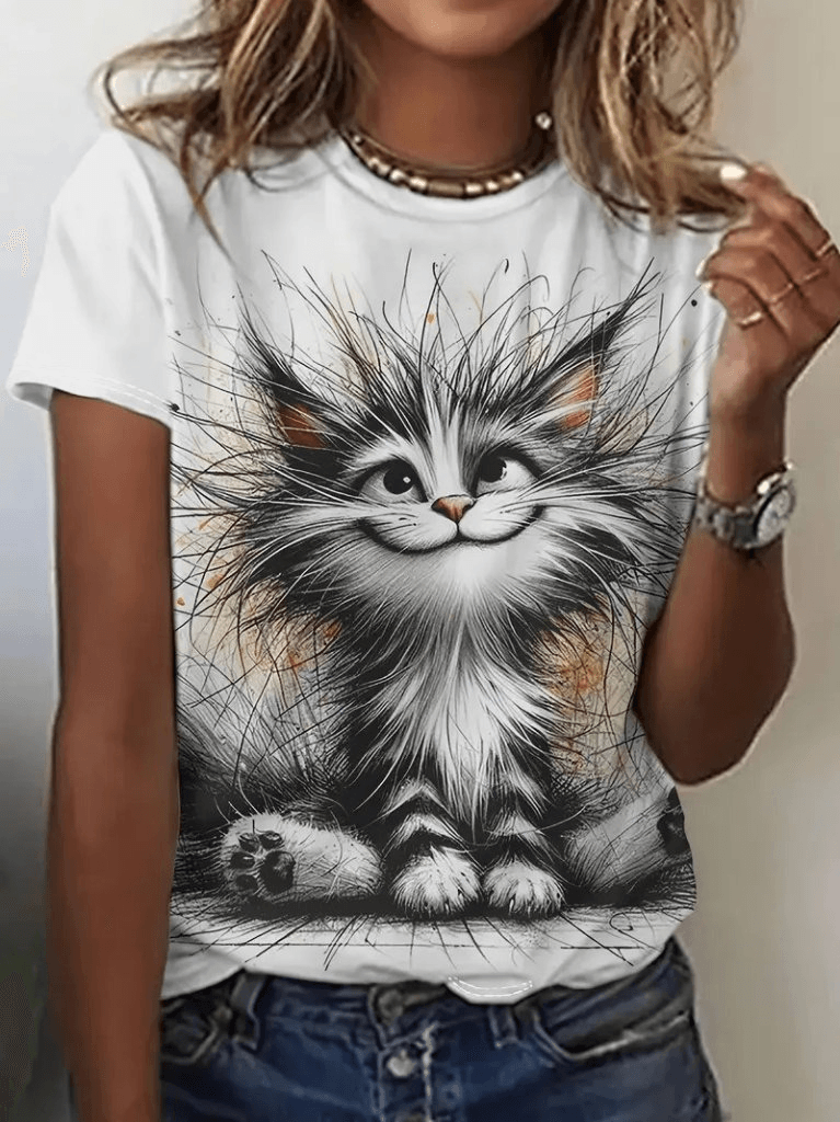 Women's Short Sleeve Crew Neck Cat Print Suprema Blouse - Janes - by Peralane