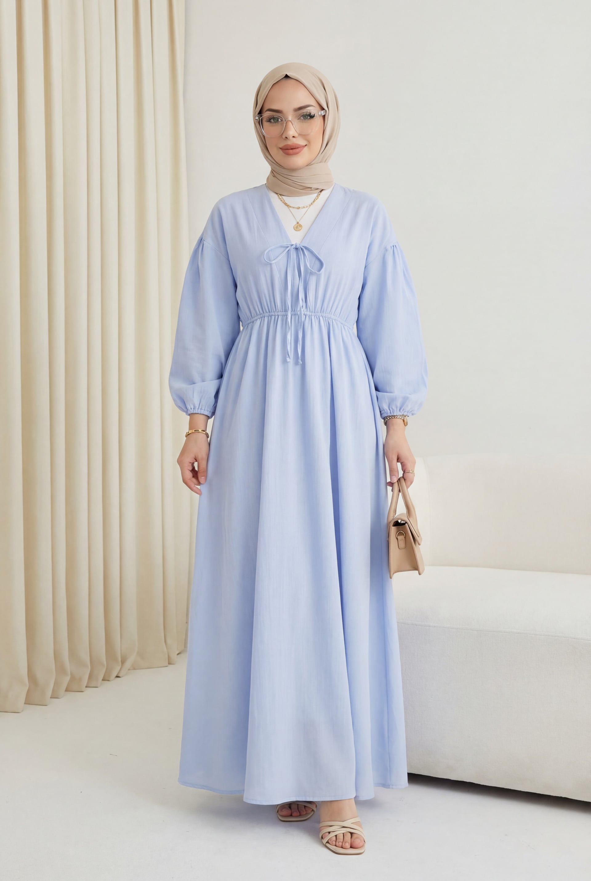 Tie-Front Long Muslin Dress with Elasticated Waist and Cuffs - Baby Blue - Podyumplus - by Peralane