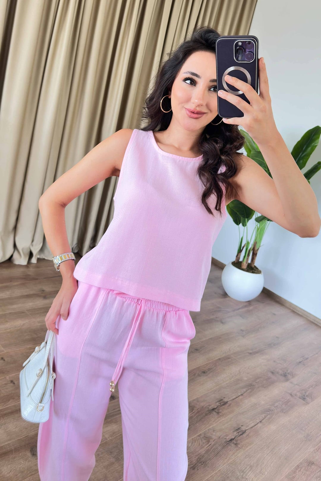 Pink Drawstring Blouse and Balloon Trousers Two-Piece Set - Lustri̇n - by Peralane - photo 5