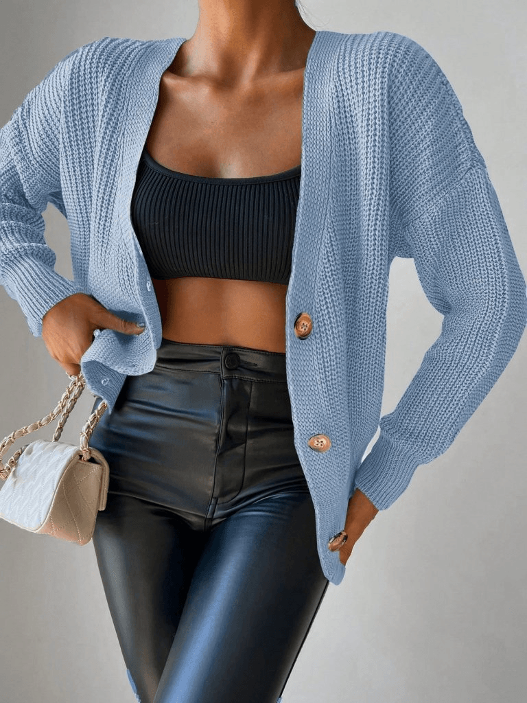 Light Blue Waffle Knit Cardigan with Button Front - Janes - by Peralane - photo 4