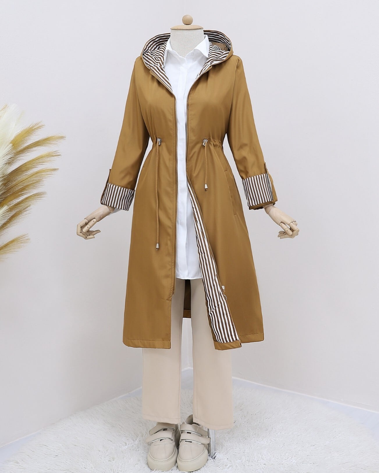 Women's Hooded Belted Trench Coat in Tan - Podyumplus - by Peralane - photo 7