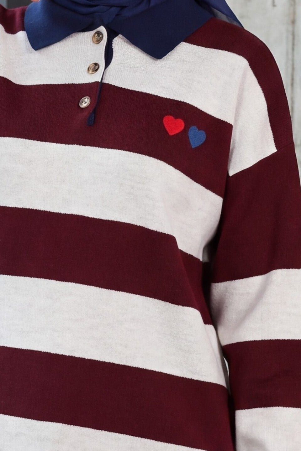 Burgundy Striped Knit Tunic with Heart Embroidery and Button Placket - Podyumplus - by Peralane - photo 7