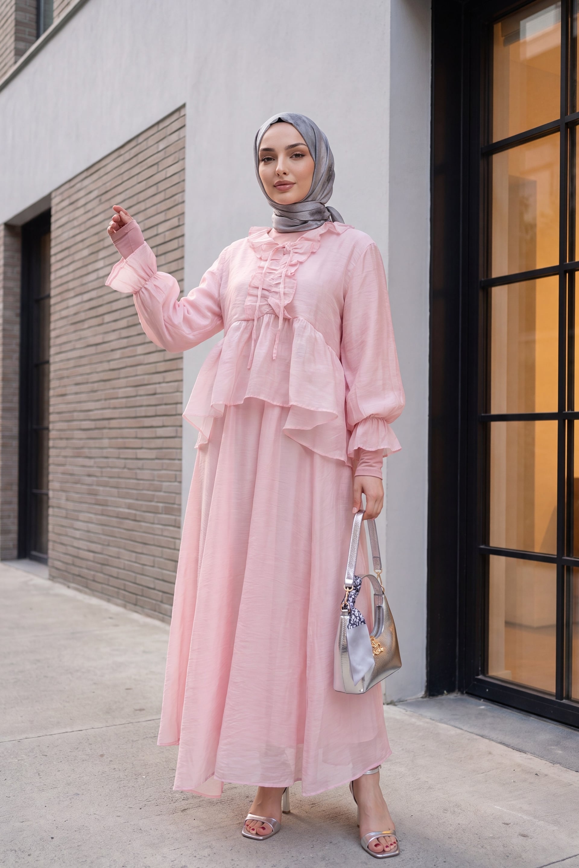 Tie-Neck Long-Sleeve Top and Maxi Skirt Set in Powder Pink - Podyumplus - by Peralane - photo 4