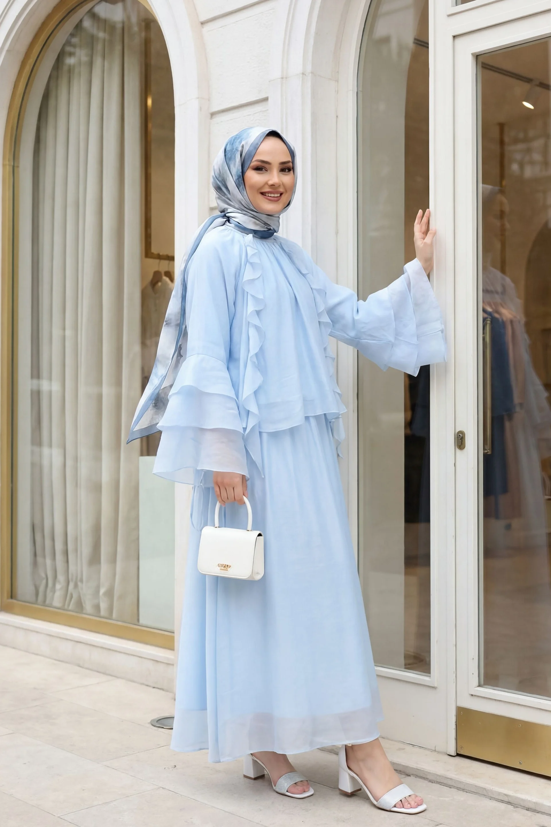 Ruffled Front Spanish Sleeve Lined Laced Skirt Cupra Set - Baby Blue - Podyumplus - by Peralane - photo 3