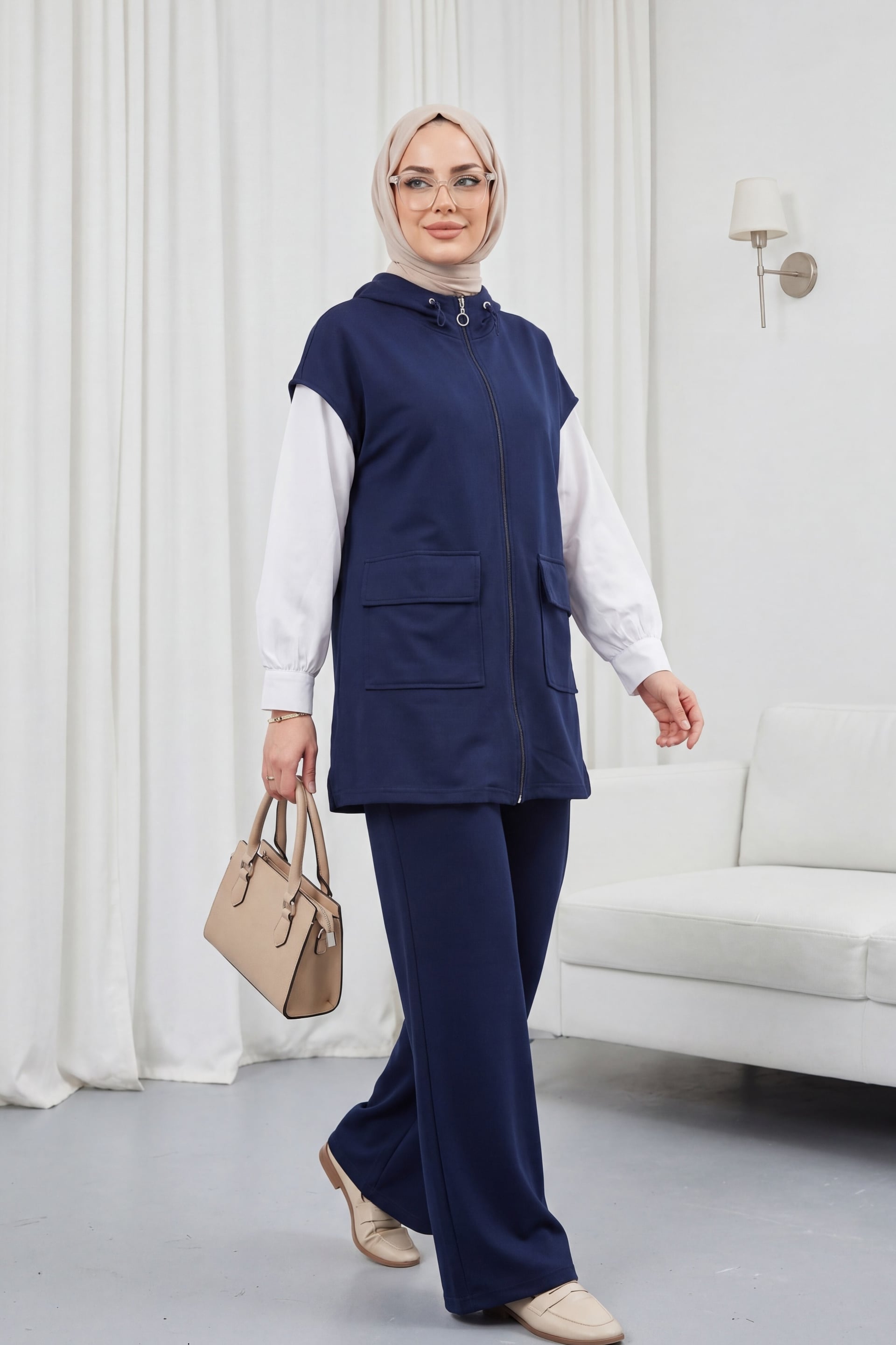Navy Blue Two-Piece Co-ord Set with Zipped Hooded Vest and Shirt - Podyumplus - by Peralane - photo 2