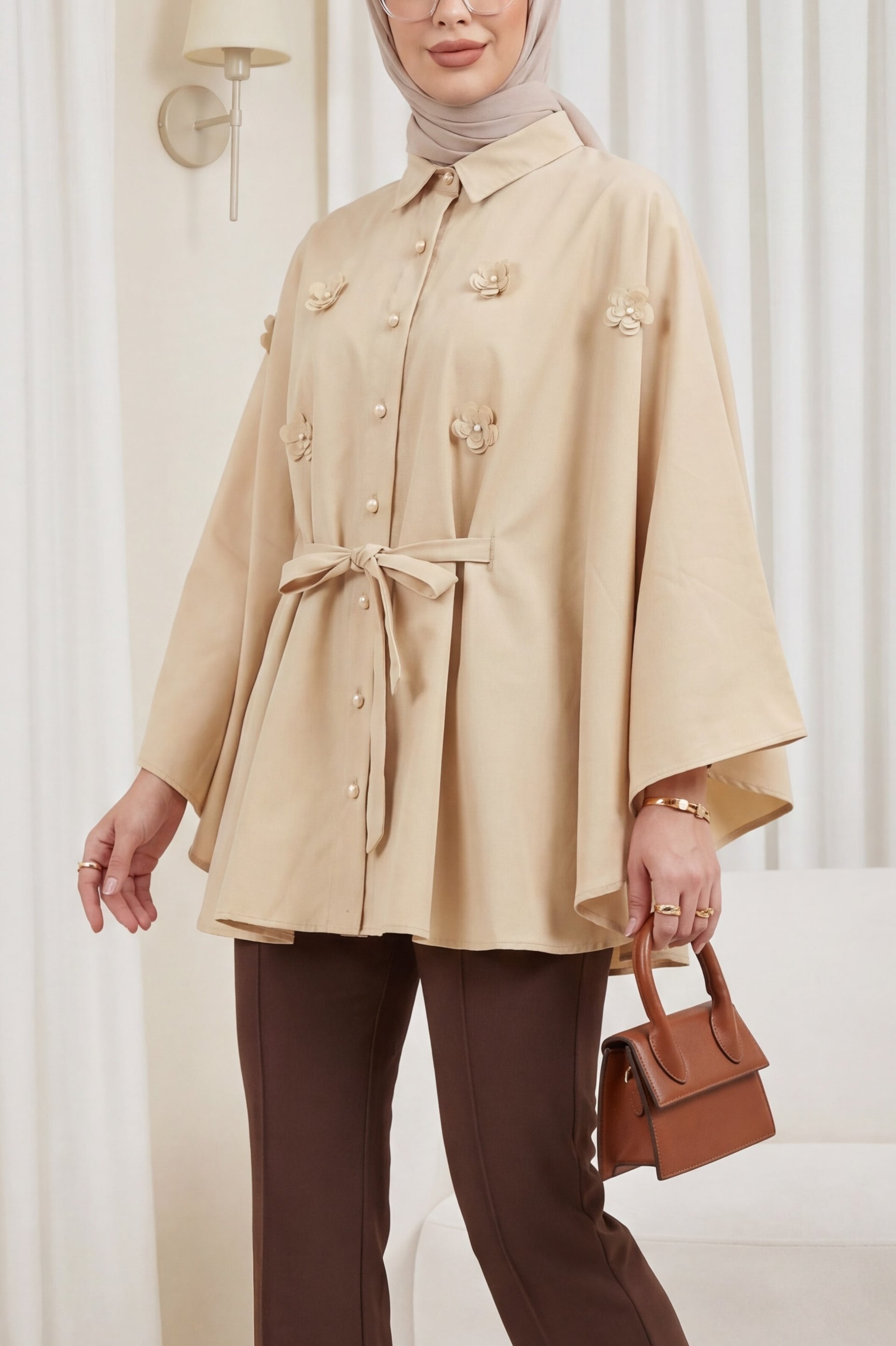 Beaded Floral Appliqué Belted Poplin Tunic - Beige - Podyumplus - by Peralane