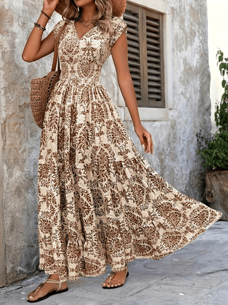 Women's Short Sleeve Wrap Neck Elastic Waist Suprem Maxi Dress - Janes - by Peralane - photo 3
