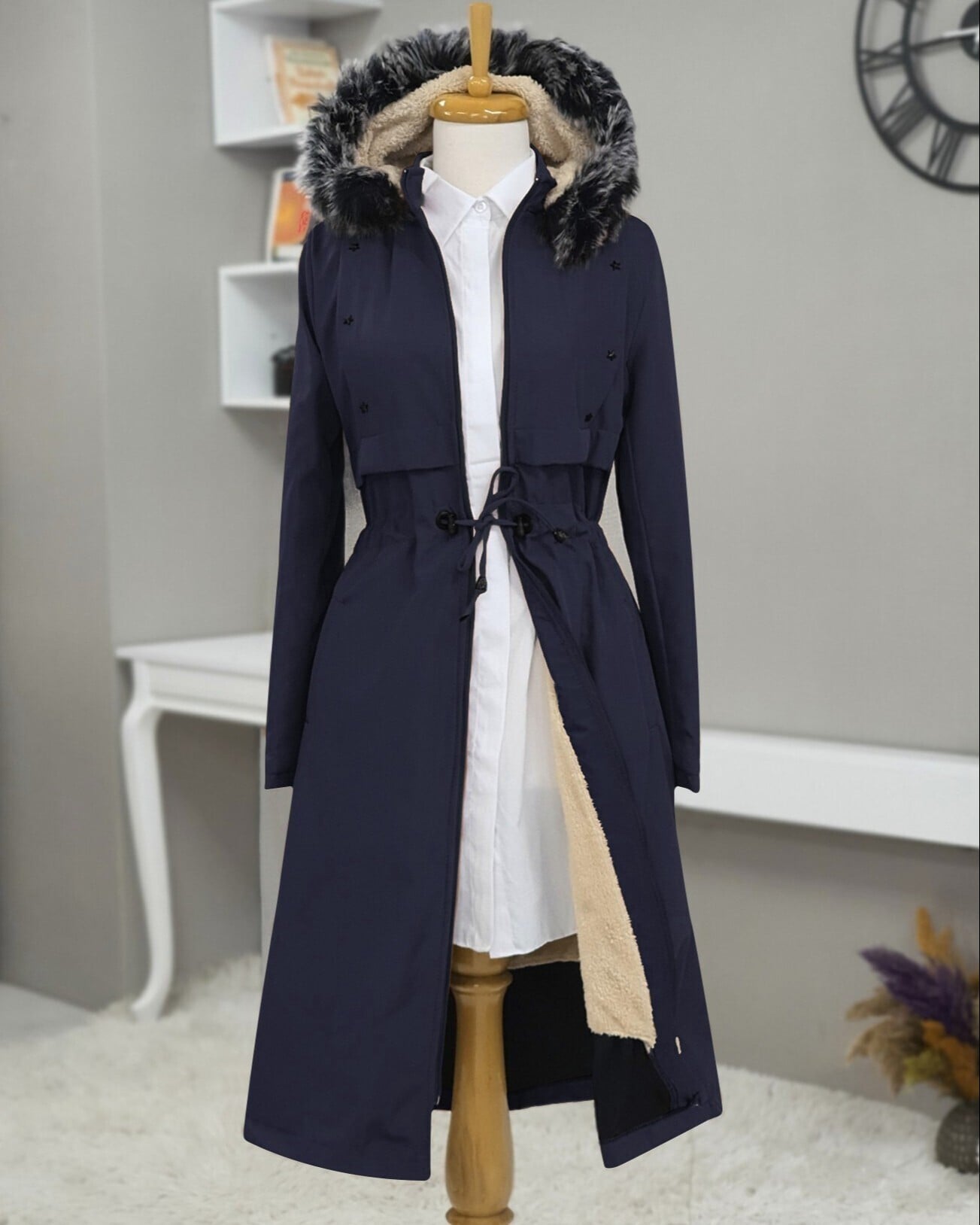 Navy Blue Hooded Long Coat with Faux Fur Lining and Drawstring Waist - Podyumplus - by Peralane - photo 4