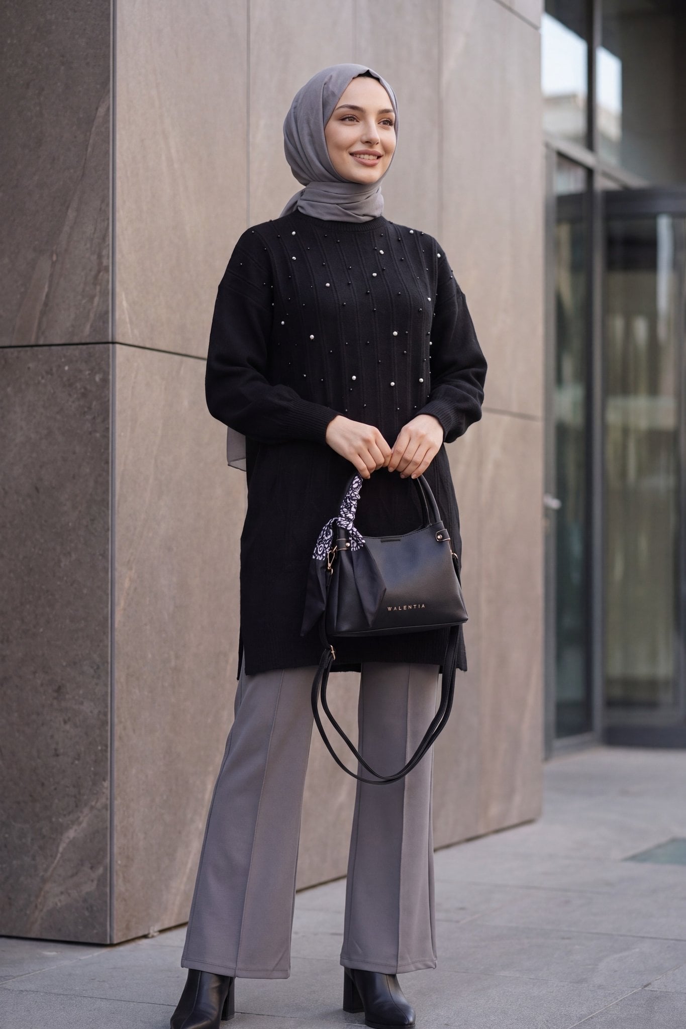 Black Knit Tunic with Stone and Pearl Details and Balloon Sleeves - Podyumplus - by Peralane - photo 3