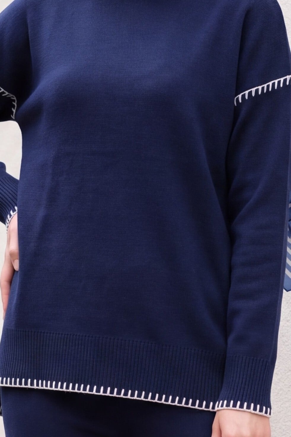 Navy Blue Ribbed Trim Knit Sweater and Wide-Leg Trousers Set - Podyumplus - by Peralane - photo 6