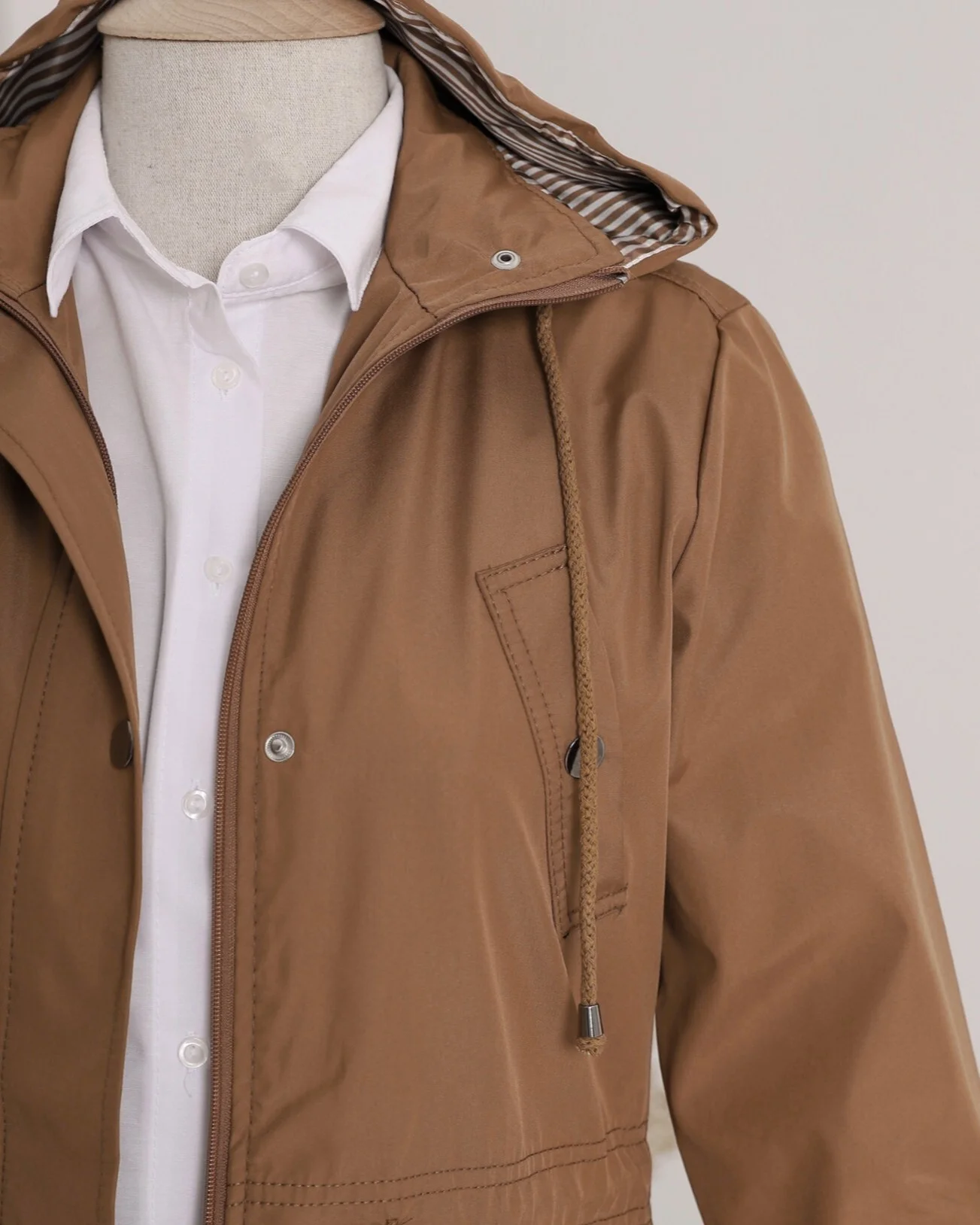 Women's Brown Hooded Trench Coat with Striped Lining - Podyumplus - by Peralane - photo 8