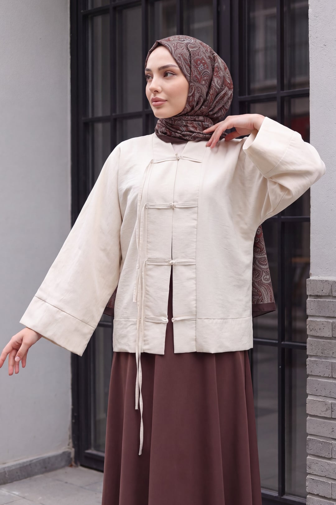 Chinese Knot Closure Mandarin Collar Parachute Kimono - Stone - Podyumplus - by Peralane