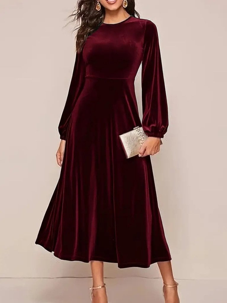 Women's Long Sleeve Round Neck Midi Velvet Dress - Janes - by Peralane