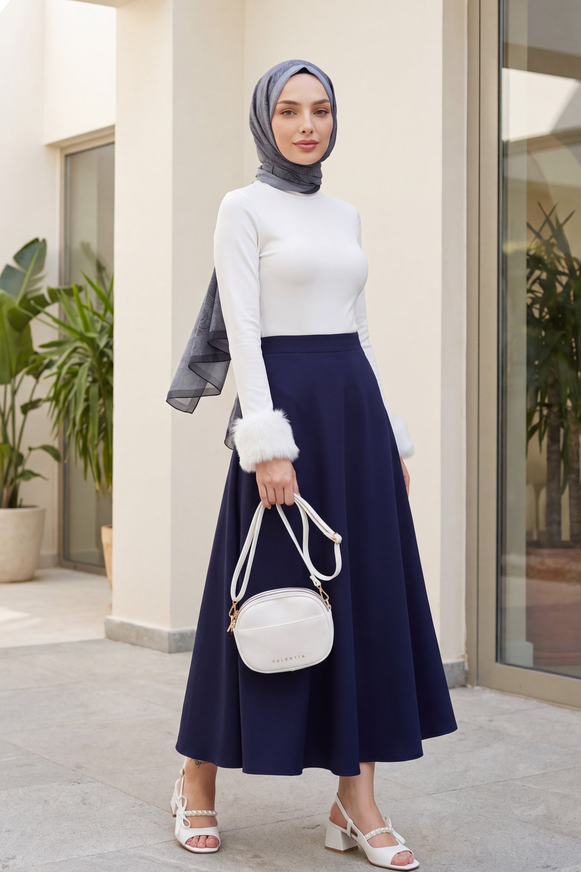 White Long-Sleeve Ribbed Knit Top with Faux Fur Trim and High Neckline - Podyumplus - by Peralane - photo 2