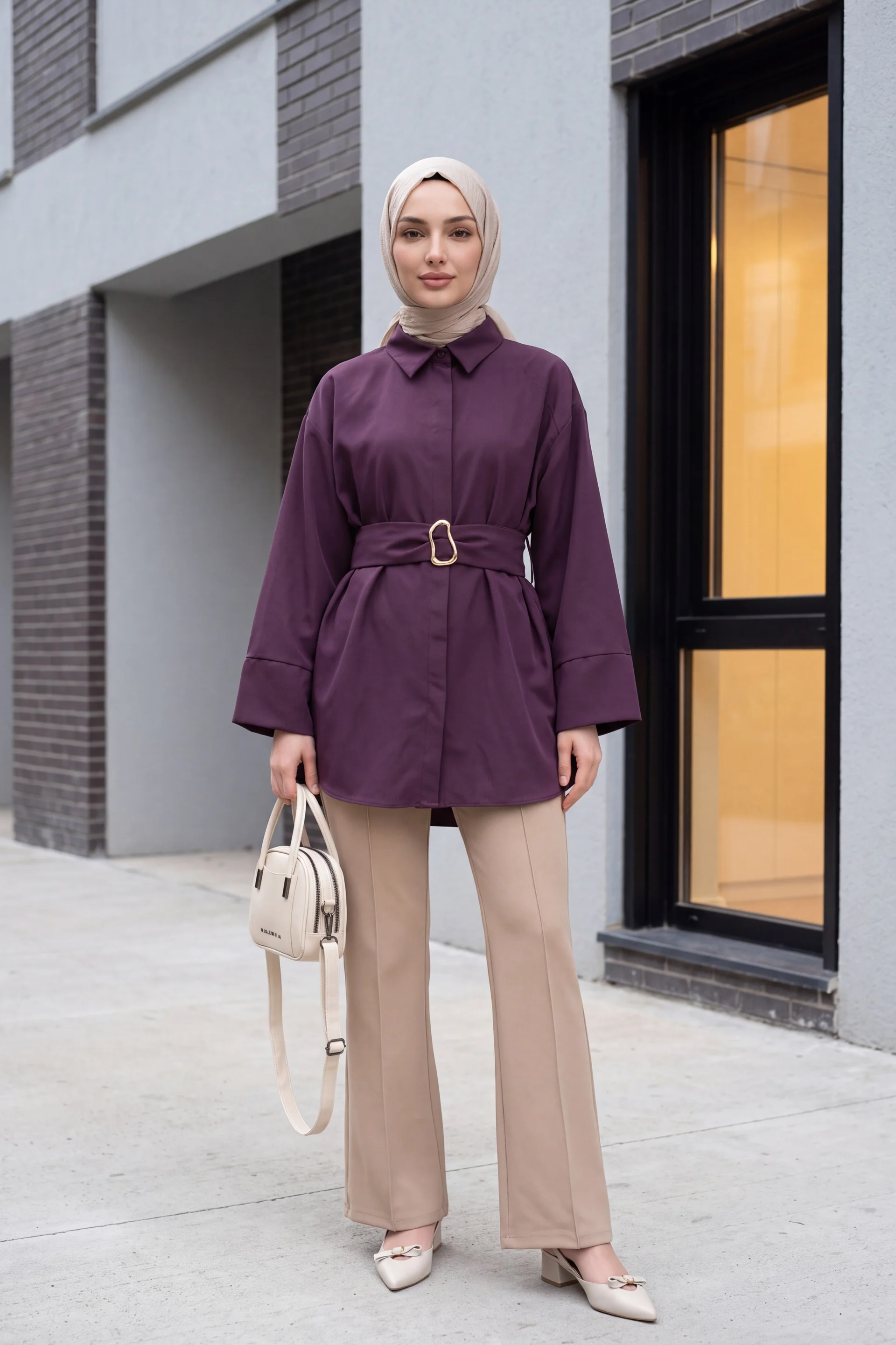Belted Double Cuff Poplin Tunic - Deep Plum - Podyumplus - by Peralane - photo 2