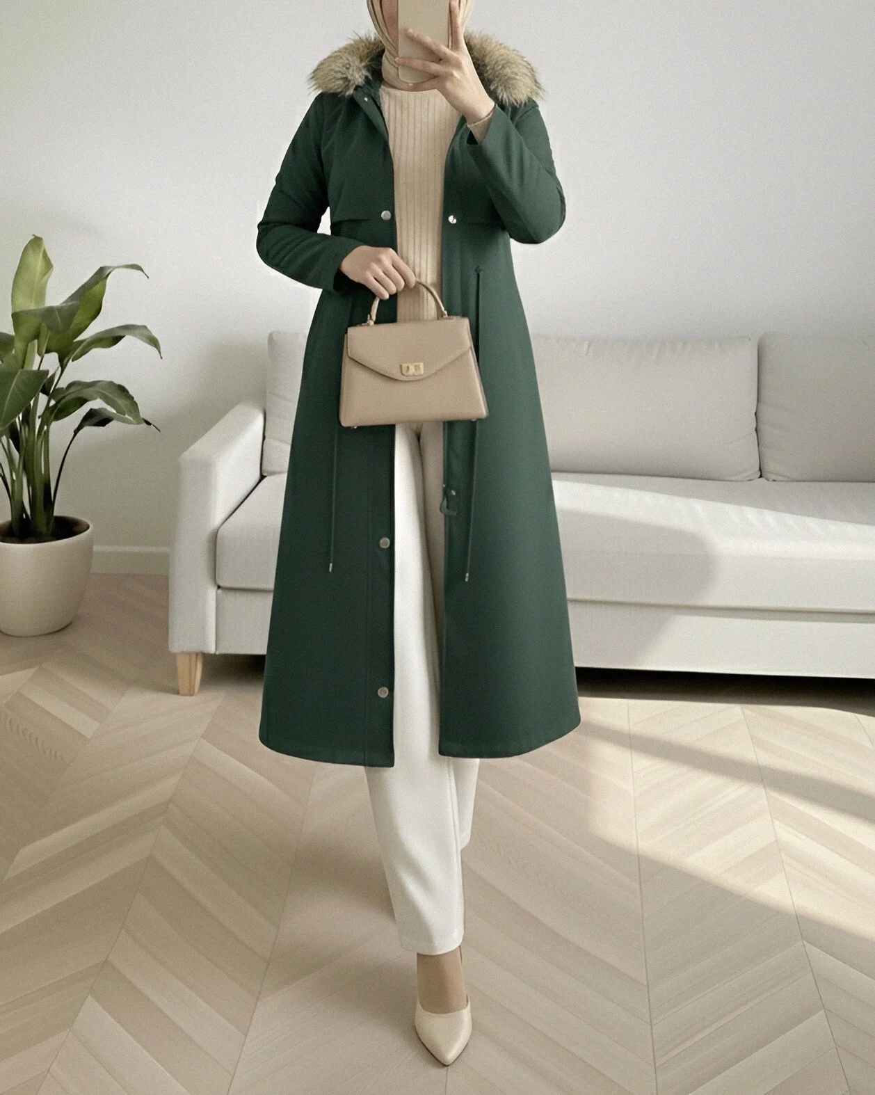 Women's Hooded Long Coat with Faux Fur Trim - Khaki - Podyumplus - by Peralane - photo 3