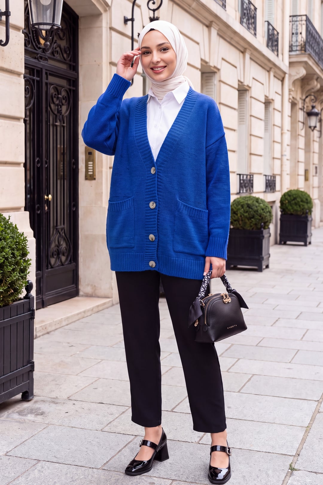 Buttoned Double-Pocket Slouchy Knit Cardigan - Saks Blue - Podyumplus - by Peralane - photo 5