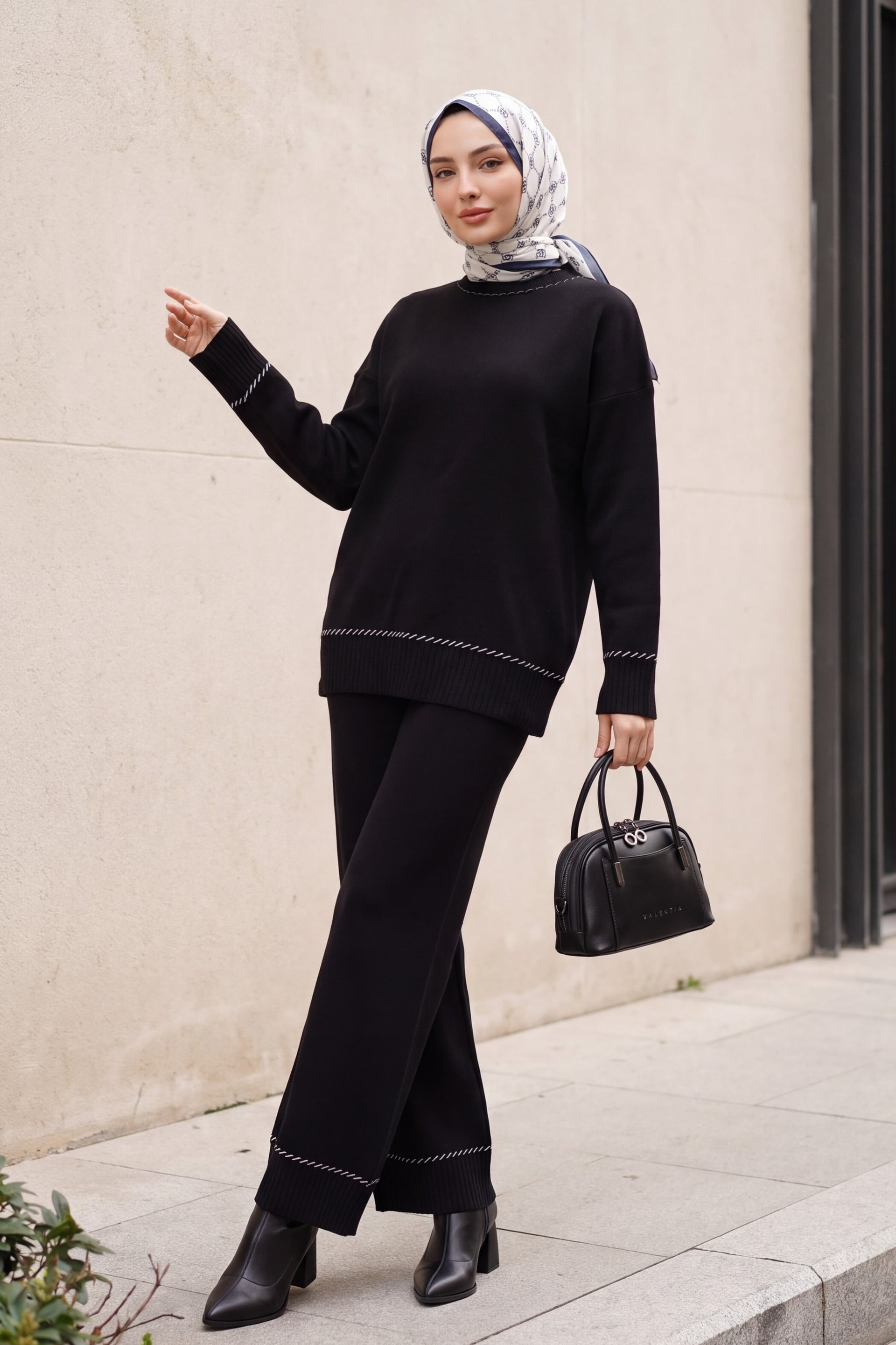 Women's Ribbed Trim Knit Top and Wide-Leg Trouser Set - Black - Podyumplus - by Peralane - photo 2