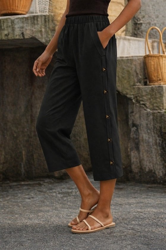 Women's High-Waist Elasticated Side-Button Detail Midi Trousers - Janes - by Peralane - photo 2