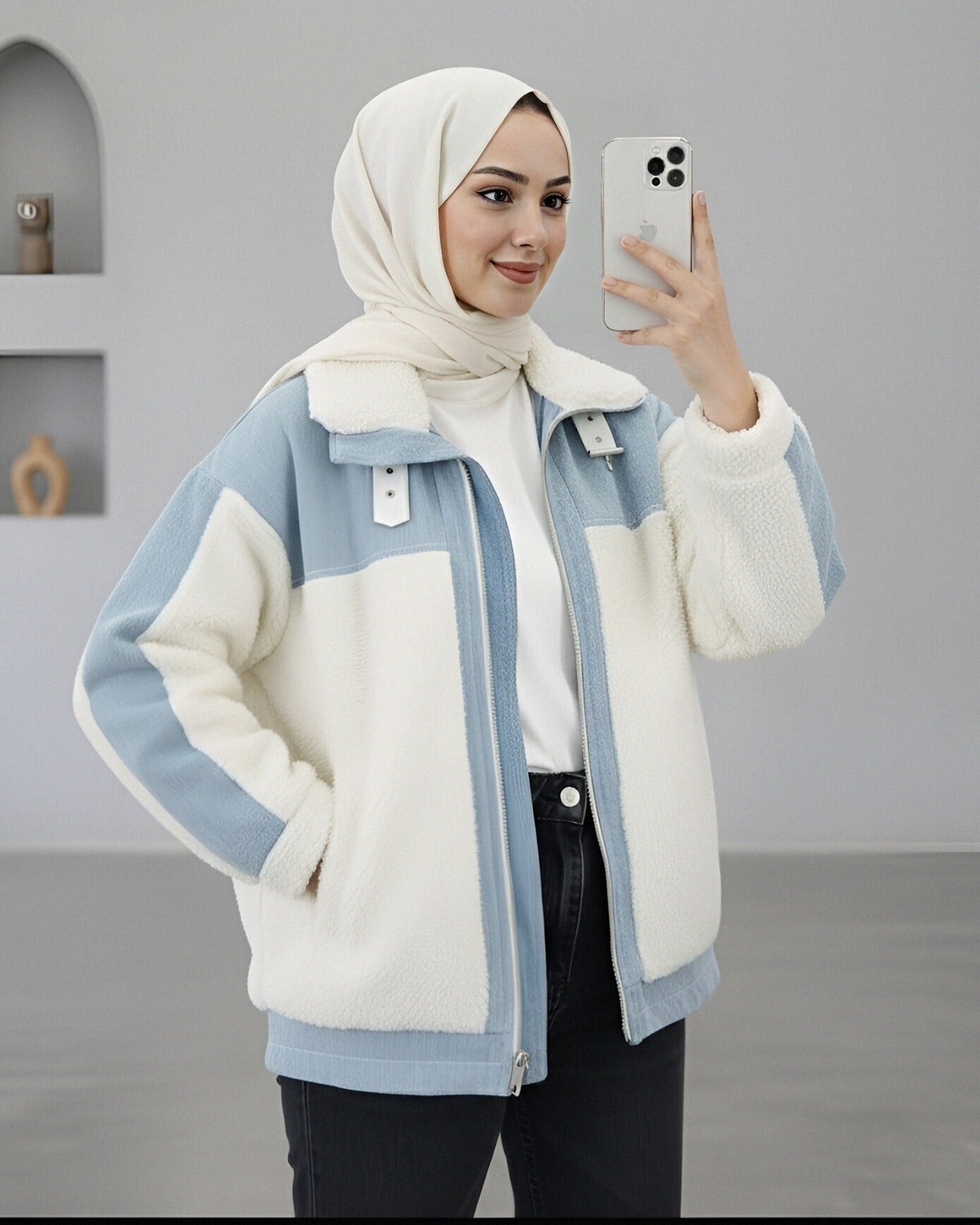 Denim-Detail Lined Pocket Plush Coat - White - Podyumplus - by Peralane - photo 3