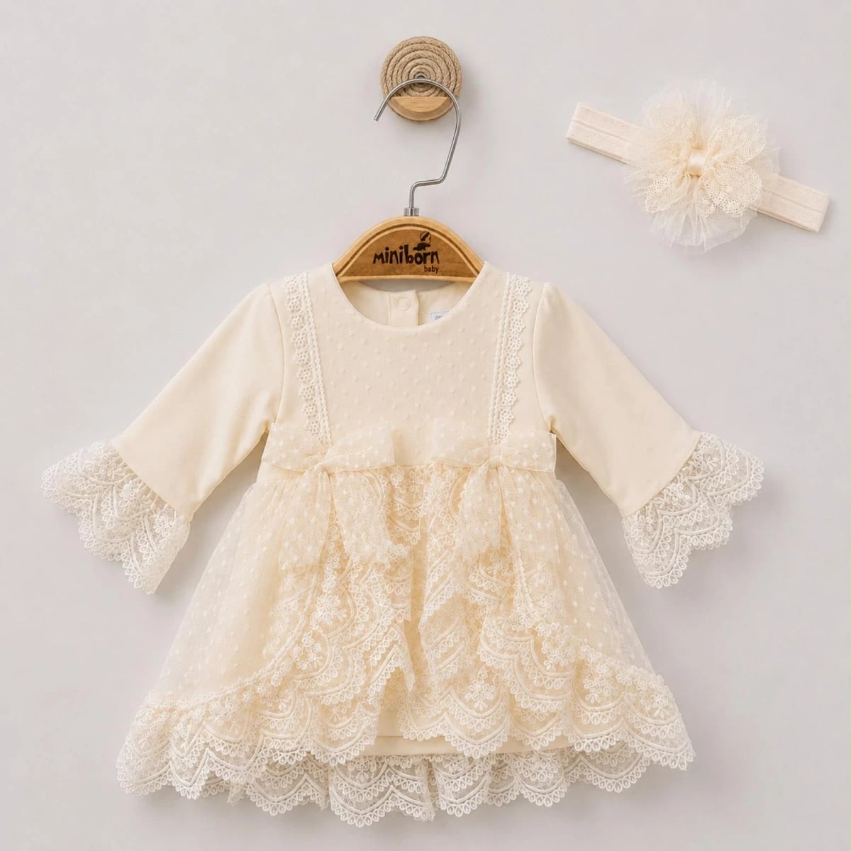Baby Girl Cream Lace Tiered Dress and Headband Set - Miniborn - by Peralane