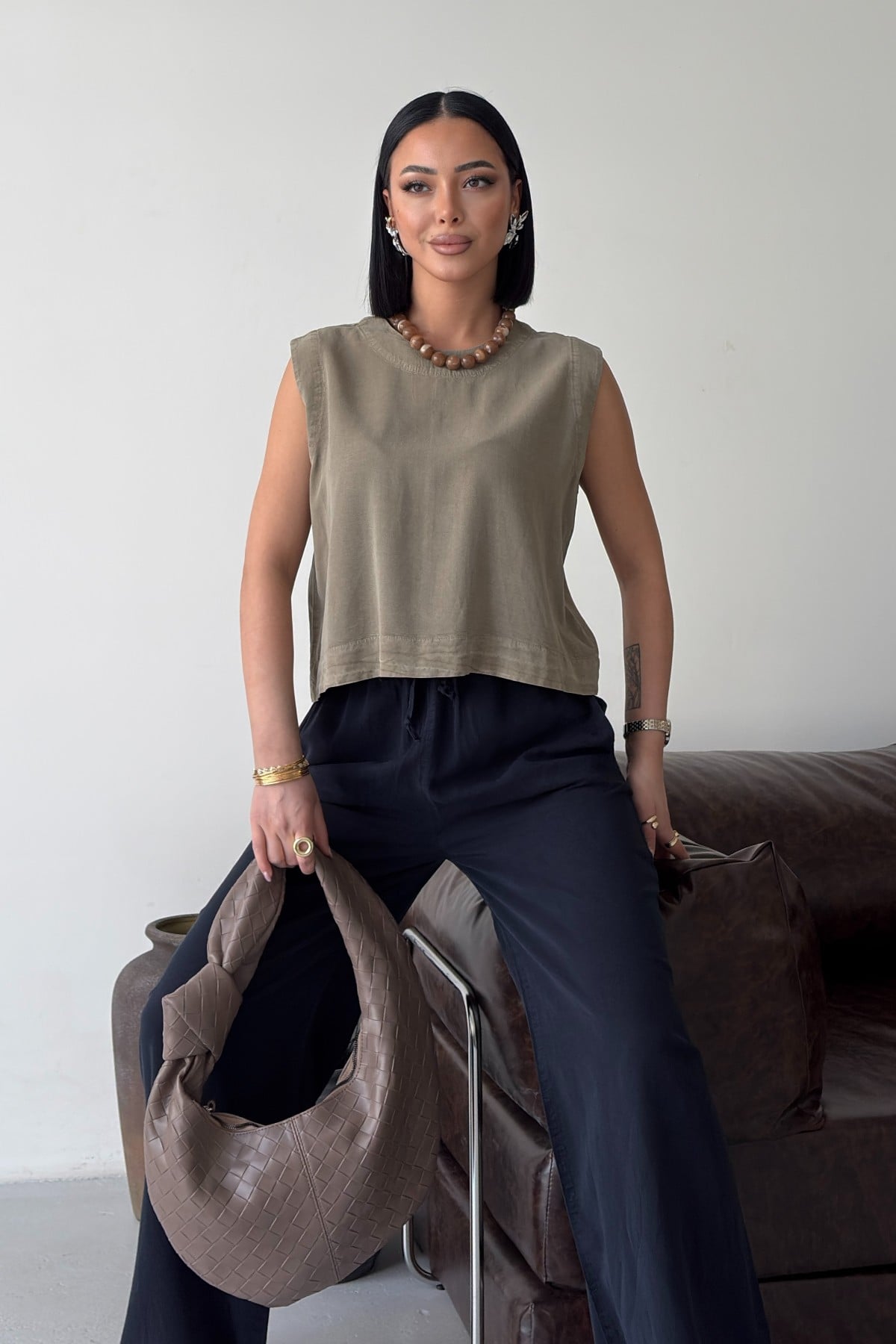 Drawstring Wide-Leg Trousers in Green - Xlove - by Peralane - photo 6