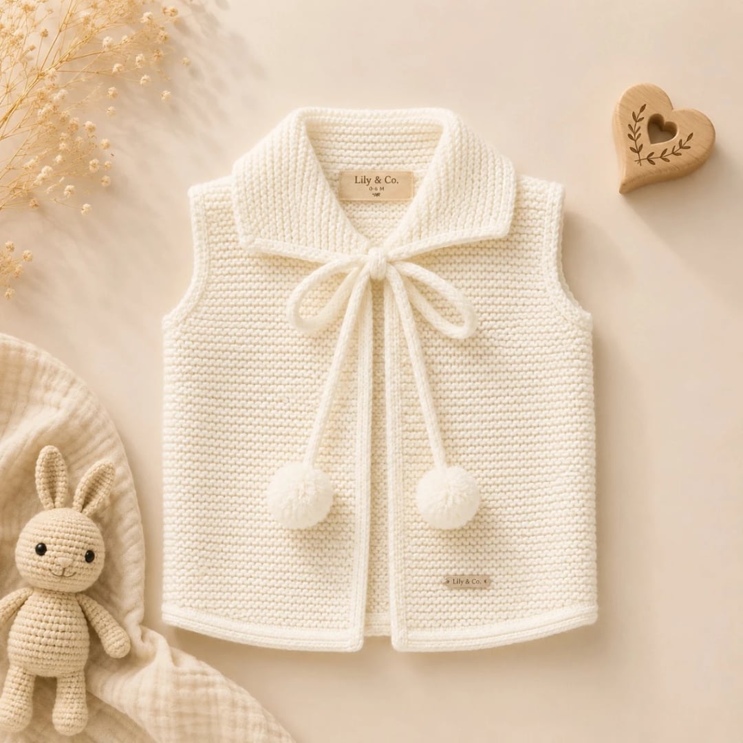 Knitted Baby Vest with Pom-Pom Ties - 1173 - Has Bereket - by Peralane