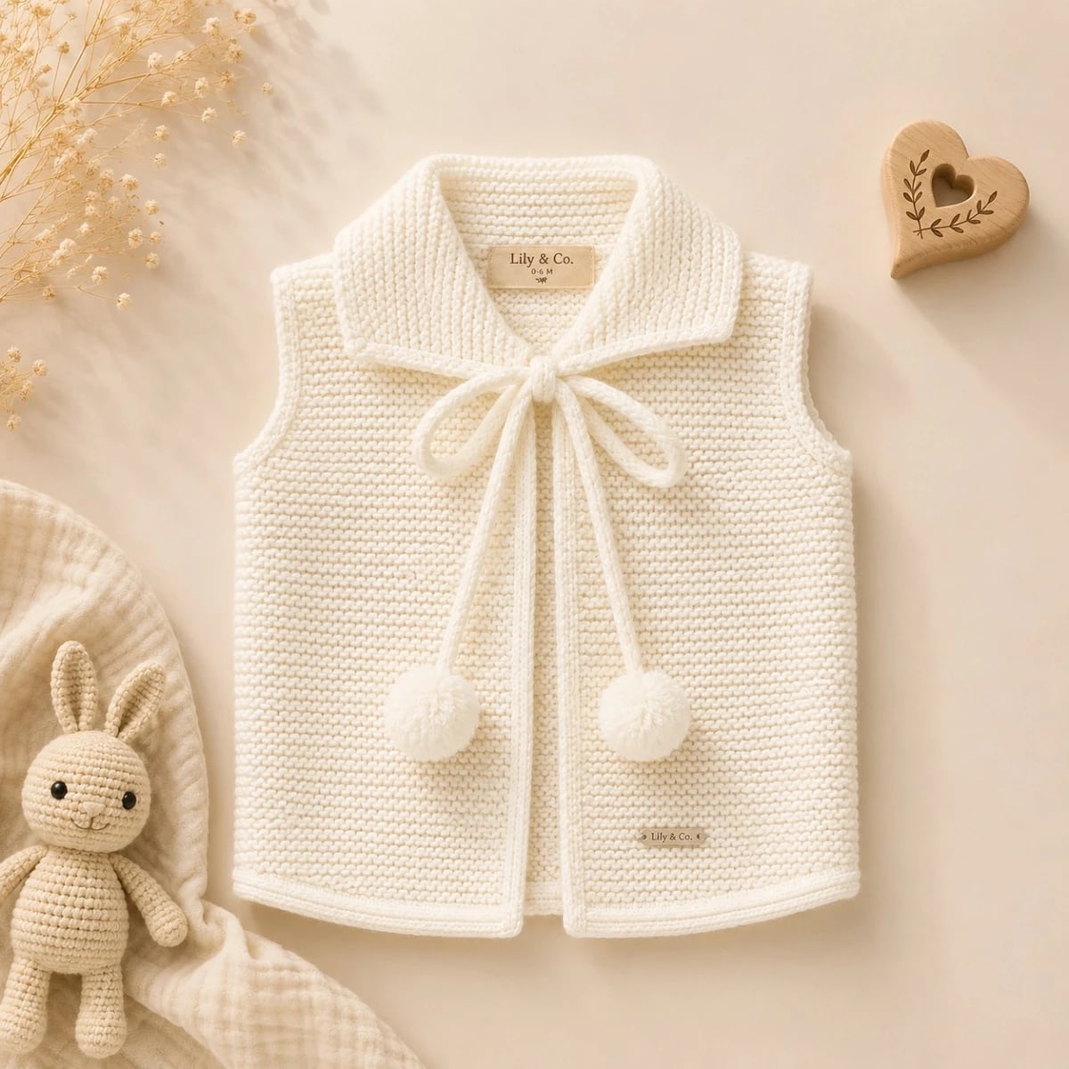 Knitted Baby Vest with Pom-Pom Ties - 1173 - Has Bereket - by Peralane