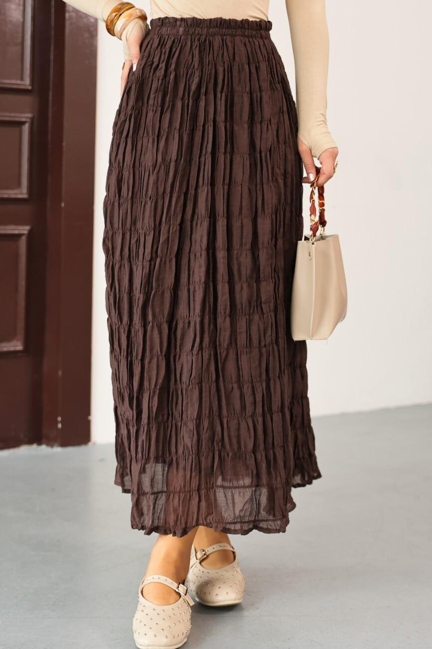 Lined Pleated Modal Maxi Skirt - Dark Brown - Podyumplus - by Peralane - photo 6