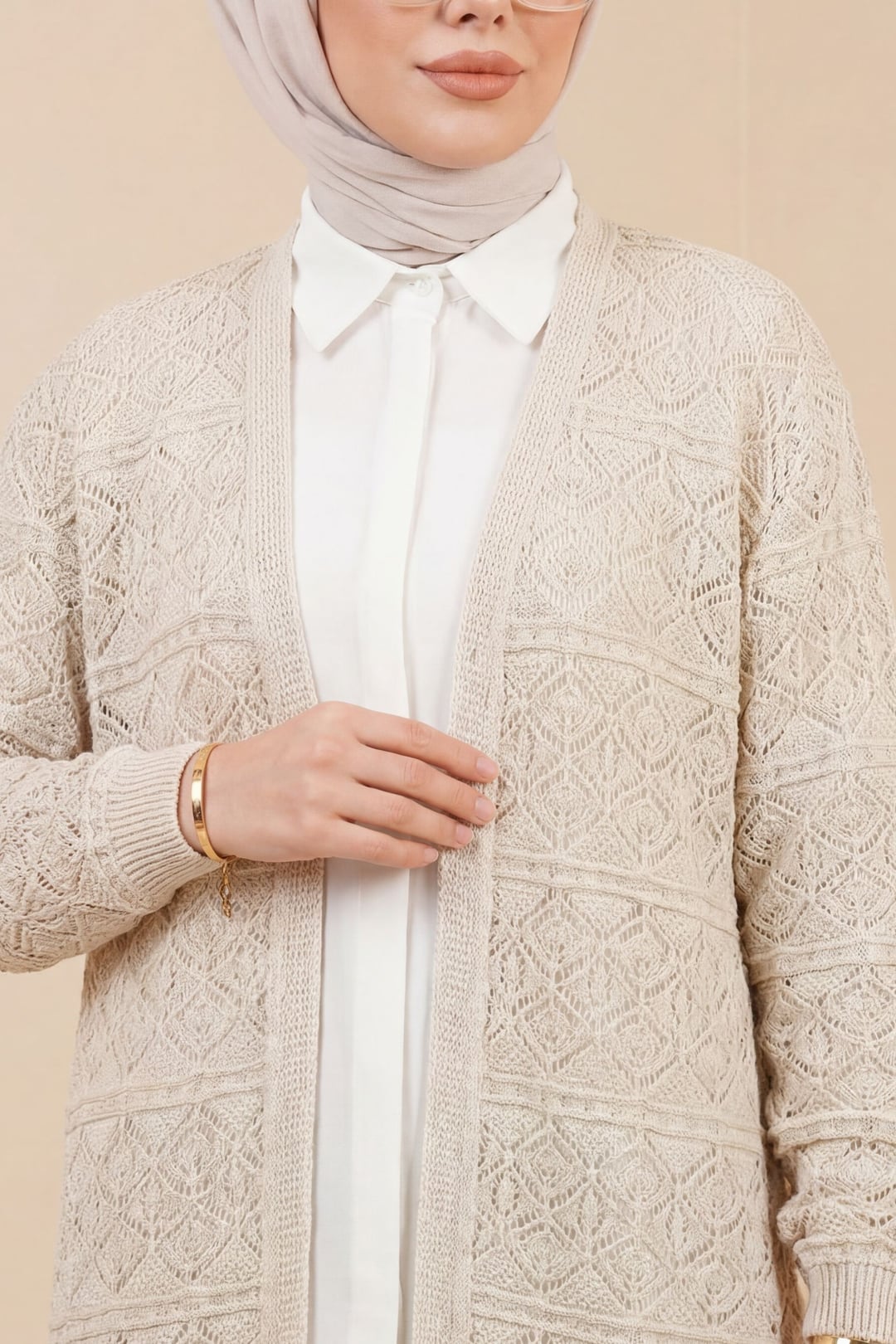 Square Pattern Open-Knit Relaxed Cardigan - Stone - Podyumplus - by Peralane - photo 3