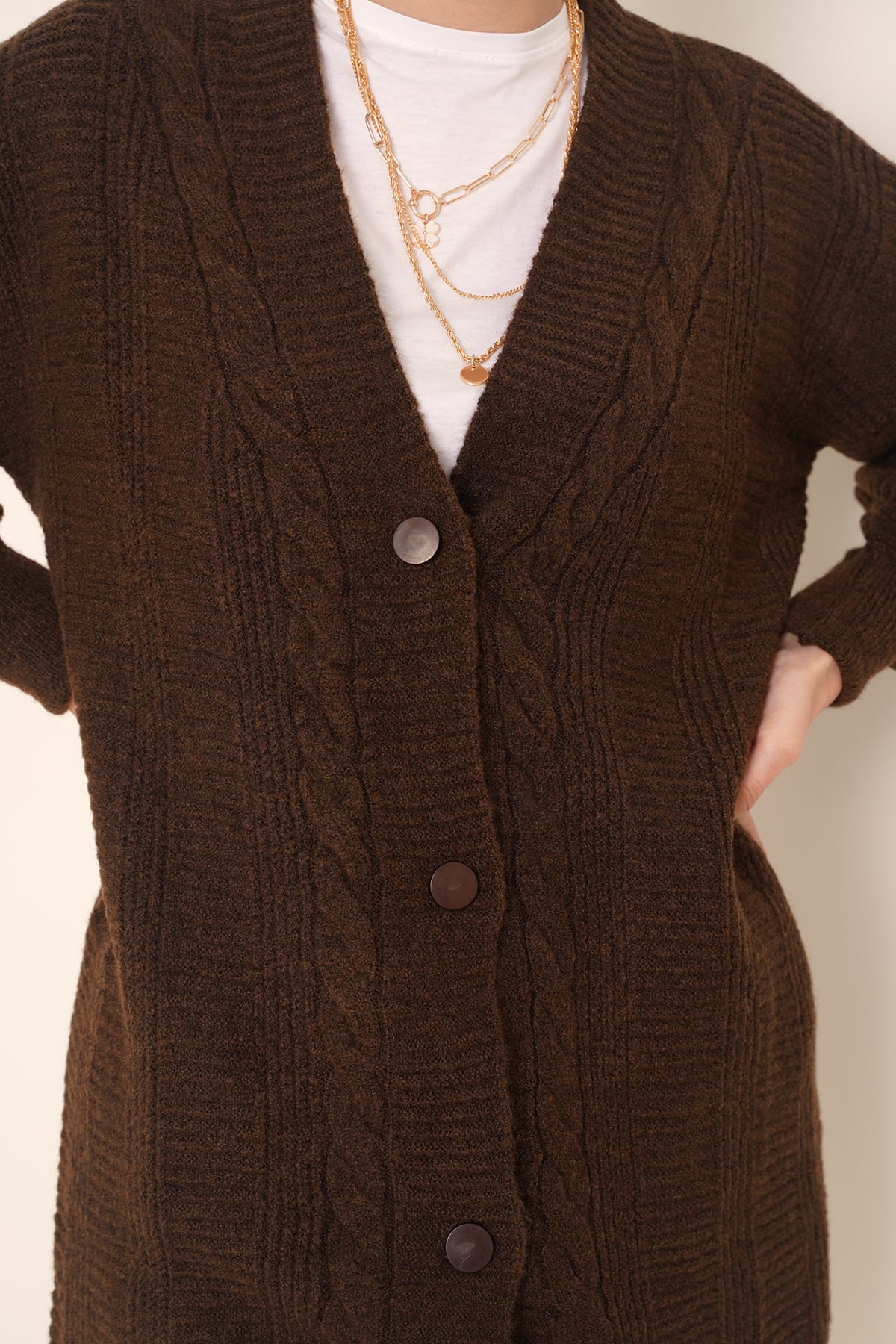 Brown Cable-Knit Cardigan with Button Front - Bigdart - by Peralane - photo 6