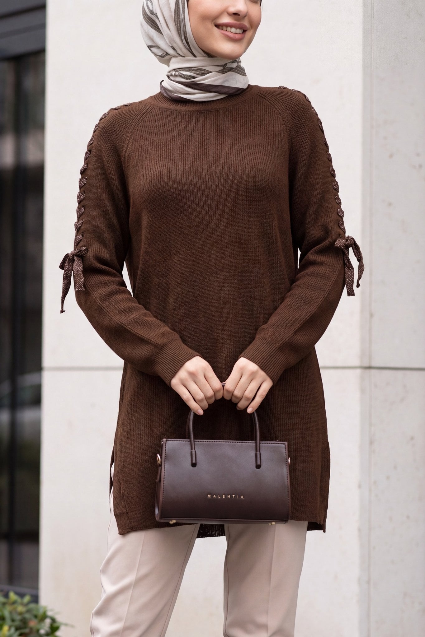 Braided Shoulder Slouchy Knit Tunic - Dark Brown - Podyumplus - by Peralane