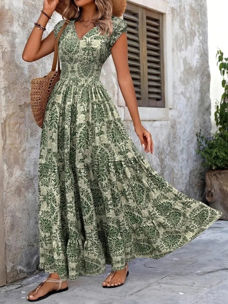 Women's Short Sleeve Wrap V-Neck Smocked Waist Maxi Dress with Damask Print - Janes - by Peralane - photo 3