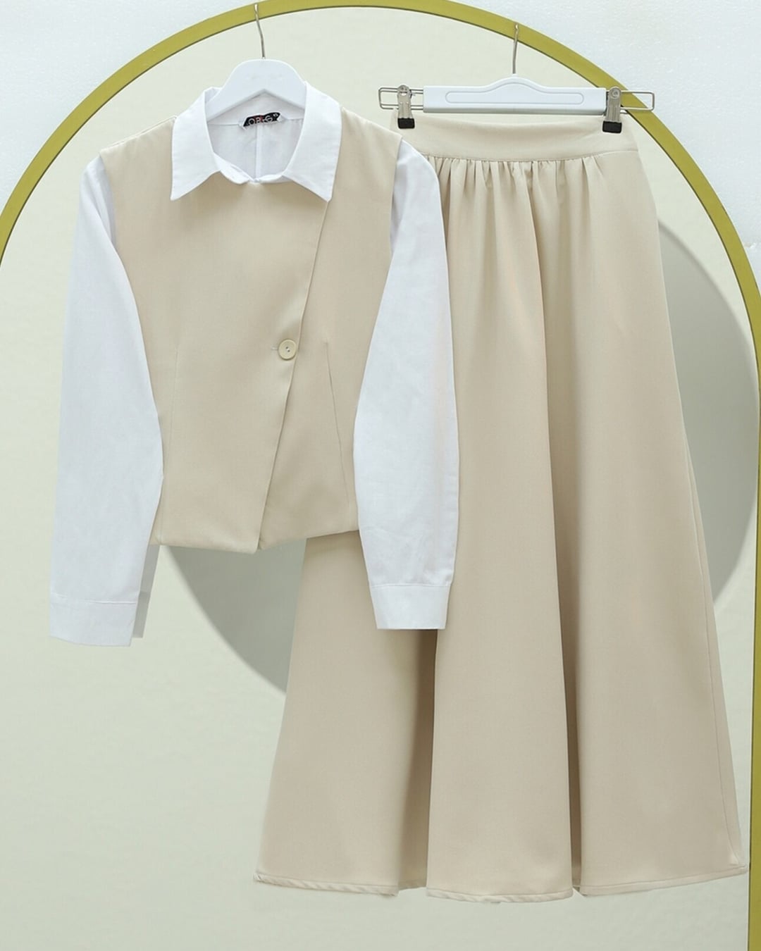 Beige Cross-Button Vest and Skirt Two-Piece Set - Podyumplus - by Peralane - photo 11