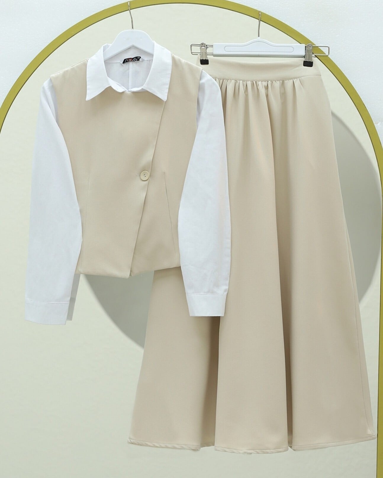 Beige Cross-Button Vest and Skirt Two-Piece Set - Podyumplus - by Peralane - photo 11