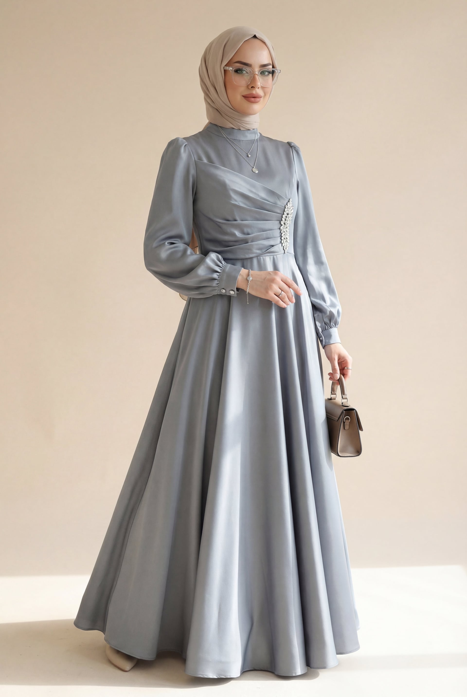 Front Ruched Stone Detail Satin Dress - Silver - Podyumplus - by Peralane - photo 2