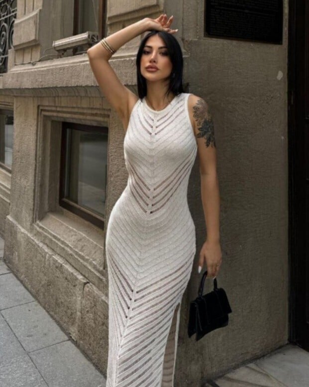 Mercerized Ribbed Knit Dress with Side Slit - Ecru - Podyumplus - by Peralane - photo 3