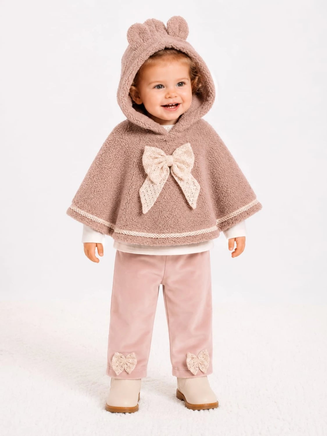 Baby Girls' Hooded Poncho and Velvet Trousers Set - Rose - Serkon Baby - by Peralane
