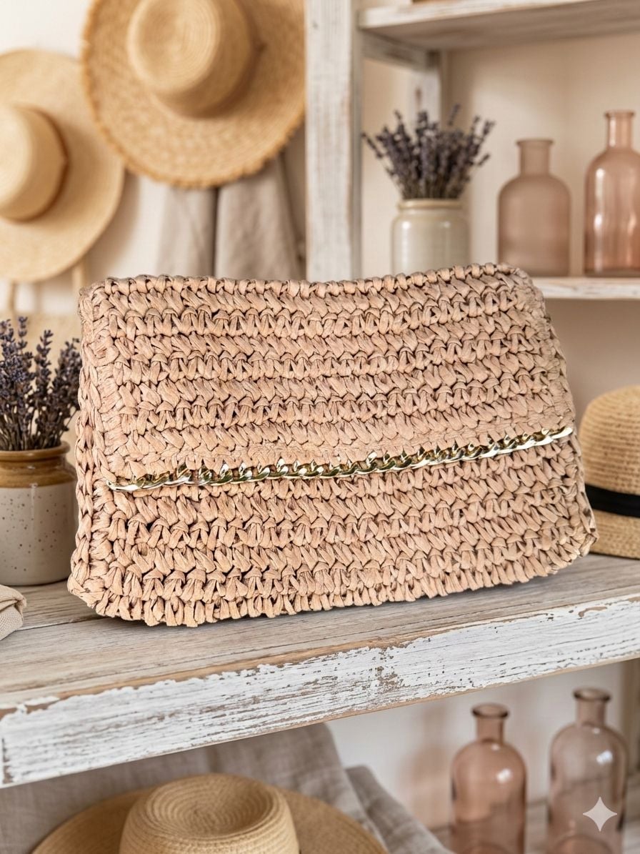 Camel Woven Straw Clutch Bag 27x19x31 cm - Nesvay - by Peralane