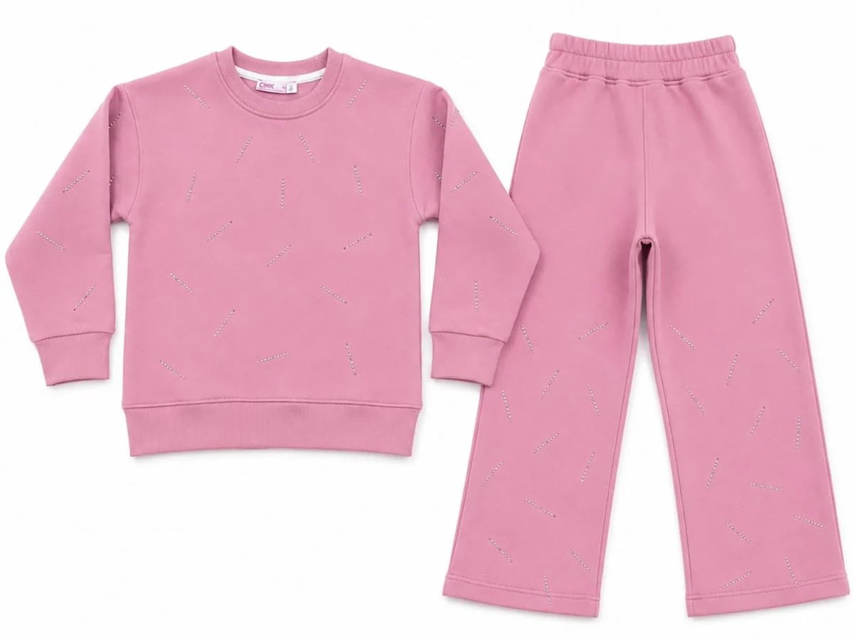 Girls' Striped Patterned Stone Detail 3-Thread Brushed Sweatshirt and Wide-Leg Trouser Set - CMK - by Peralane